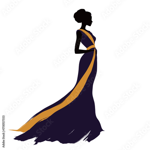 A graceful silhouette portrays a woman wearing a long gown with vibrant colors. The design highlights flowing fabric and elegant posture, emphasizing style.