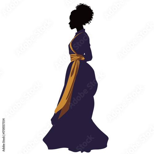 Silhouette features a woman dressed in a long flowing gown, accentuated by a vibrant sash. The elegant pose highlights her stature and grace, showcasing timeless fashion.