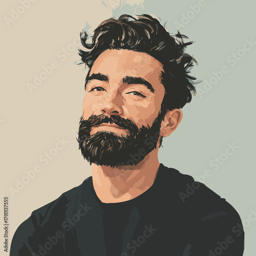 A confident man with a full beard smiles lightly, showcasing a relaxed expression. His hairstyle is tousled, complementing his casual outfit and the soft background.