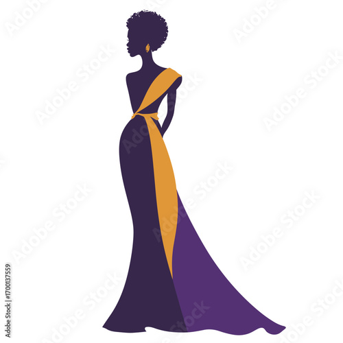 A graceful figure stands poised in an elegant purple and yellow gown, showcasing a vibrant design that enhances her silhouette.
