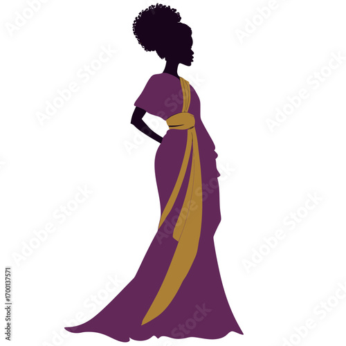 A graceful silhouette showcases a woman in a purple dress adorned with a gold sash. The design reflects traditional elegance and cultural beauty.