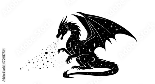 Magical celestial dragon breathing stars and cosmic dust under a starry night sky