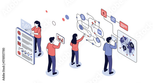 Team collaboration exploring complex digital information and data visualization tools to understand business strategies and improve problem solving
