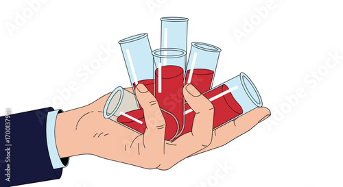 Hand holding multiple test tubes filled with red liquid symbolizing medical research and scientific discovery