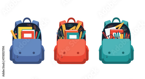A collection of colorful backpacks filled with essential school supplies for children's education