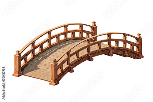 Wooden Bridge Isolated on White Background in Detailed Illustration with Arched Design and Rustic Aesthetic