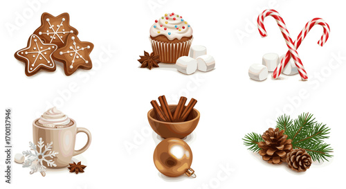 Festive Christmas Sweets Treats and Decorations Collection Isolated on White Background