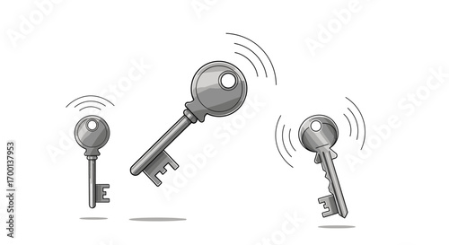 Three metallic keys levitating and vibrating with subtle waves emanating around them illustrating a sense of mystery and magic
