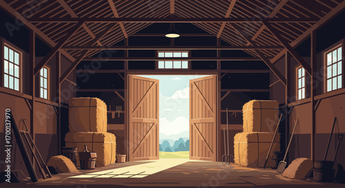 Rustic barn interior with open doors revealing a sunny pastoral landscape and stored hay bales
