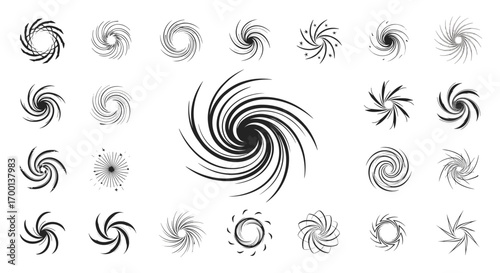 Collection of swirling vortex and spiral abstract graphic elements for design projects