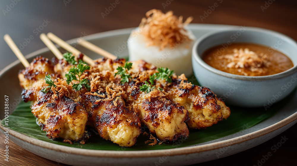 Fototapeta premium Delicious chicken satay with rice and peanut sauce presentation