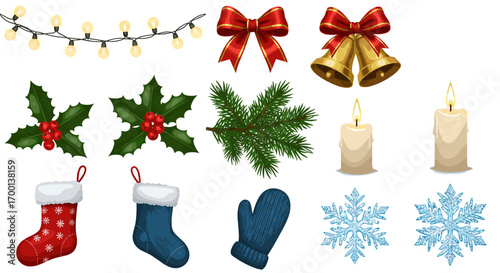 Christmas Holiday Decorations and Ornaments with Lights Bows Bells Pine Sprigs Candles Stockings Mittens and Snowflakes Isolated on White Background