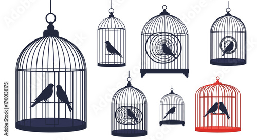 Diverse collection of artistic bird cages with silhouetted avian occupants rendered in various styles
