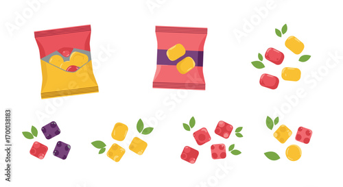 Variety of candy snacks and sweet treats featuring fruity flavors and colorful goodies with natural garnishes for refreshment