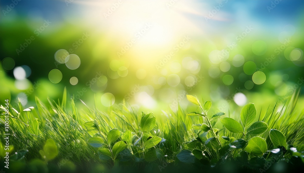 Fototapeta premium A Calming Background Of Soft Greenery Merging Into A Radiant Summer Sky Illuminated By Bokeh