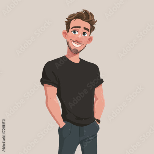 A young man stands confidently with a warm smile, dressed in a simple black t-shirt and jeans. His relaxed posture exudes friendliness and approachability.