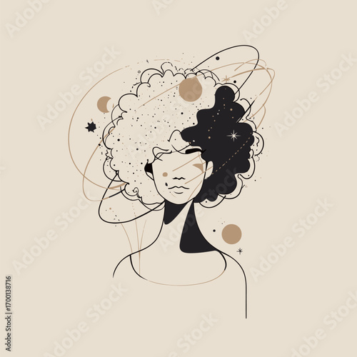 A unique artistic representation of a woman with an elaborate cosmic hairstyle, surrounded by stars and planets creating an imaginative and whimsical effect.