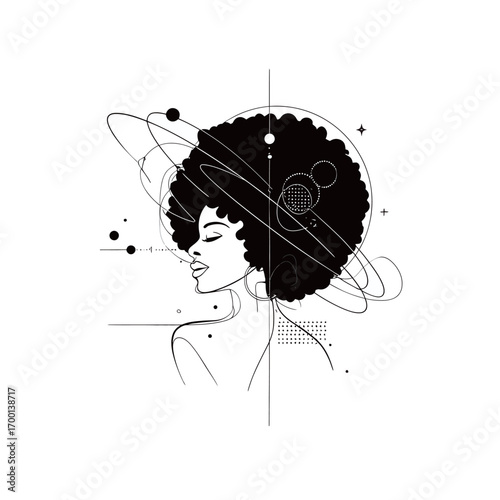 A graceful woman with a large afro hairstyle is depicted against a minimalist backdrop, featuring celestial shapes and lines that represent space.