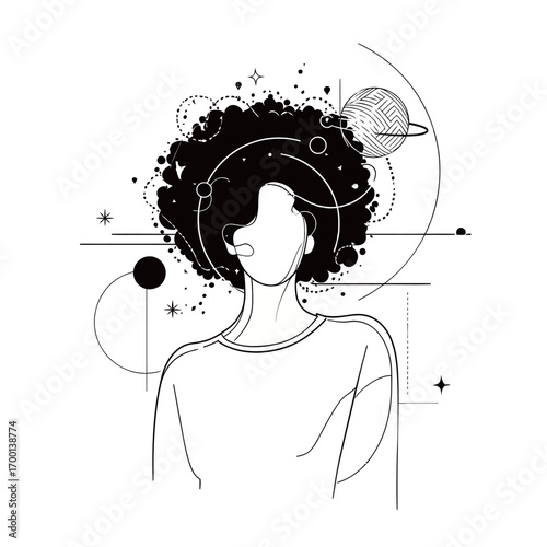 An artistic depiction shows a person with an afro hairstyle, surrounded by various celestial elements like stars and planets. The style is minimalistic and abstract.