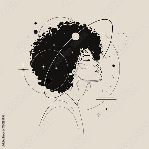 A woman with voluminous curly hair stands in profile, immersed in a celestial theme with planets and stars encircling her, exuding a sense of wonder and tranquility.