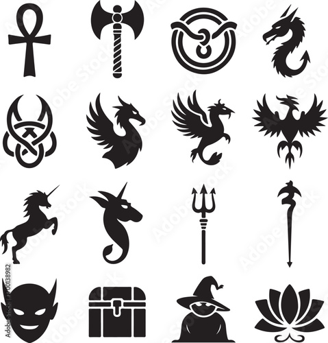 Fantasy Symbols Ankh Axe Celtic Knot Dragon Phoenix Unicorn Trident weapon