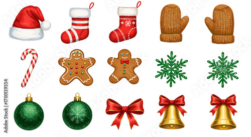Set of festive Christmas holiday icons including Santa hat stocking gingerbread cookies candy cane snowflake ornaments bells and bow isolated on white background