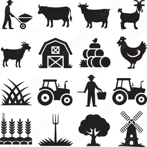 Farm Icons Silhouette Collection With Farmer Tractor Animals And Crops agriculture barn