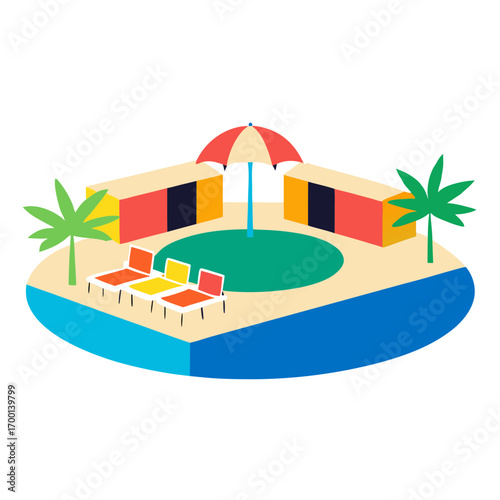 Colorful isometric island resort with pool and lounge chairs