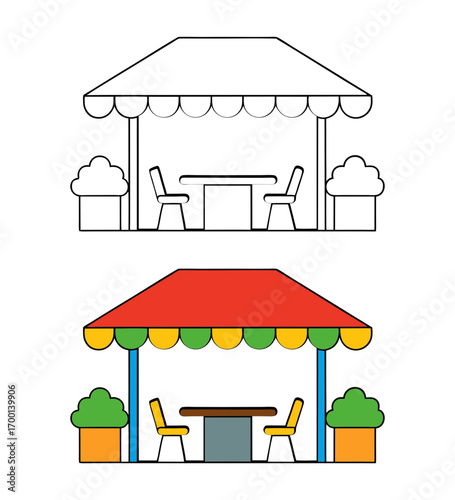 Colorful outdoor cafe seating area with plants