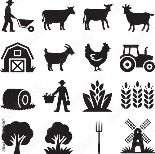 Farm Icons Silhouette Collection With Farmer Tractor Animals And Crops agriculture barn