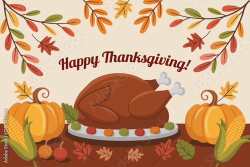 Festive Thanksgiving illustration with roasted turkey, pumpkins, corn, autumn leaves, and the message Happy Thanksgiving