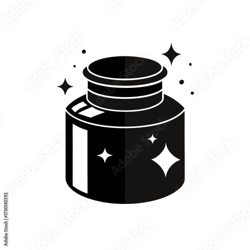 Sparkling ink bottle icon on black background