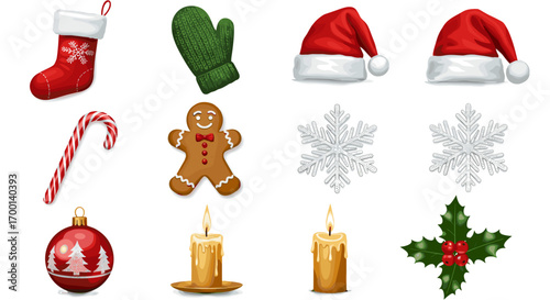 Collection of Christmas Holiday Icons Isolated on White Background Festive Decorative Elements