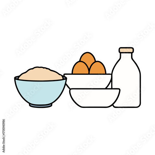 Simple illustration of baking ingredients flour eggs and milk