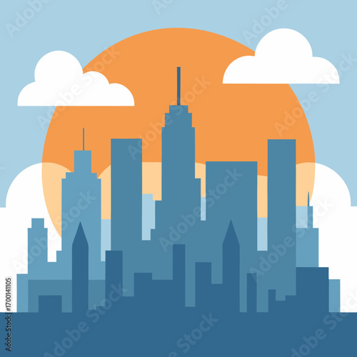 Stylized cityscape silhouette at sunset with clouds