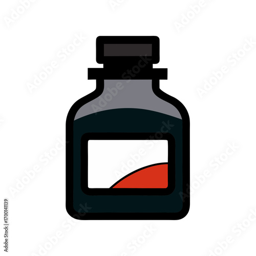 Dark bottle with red liquid and white label