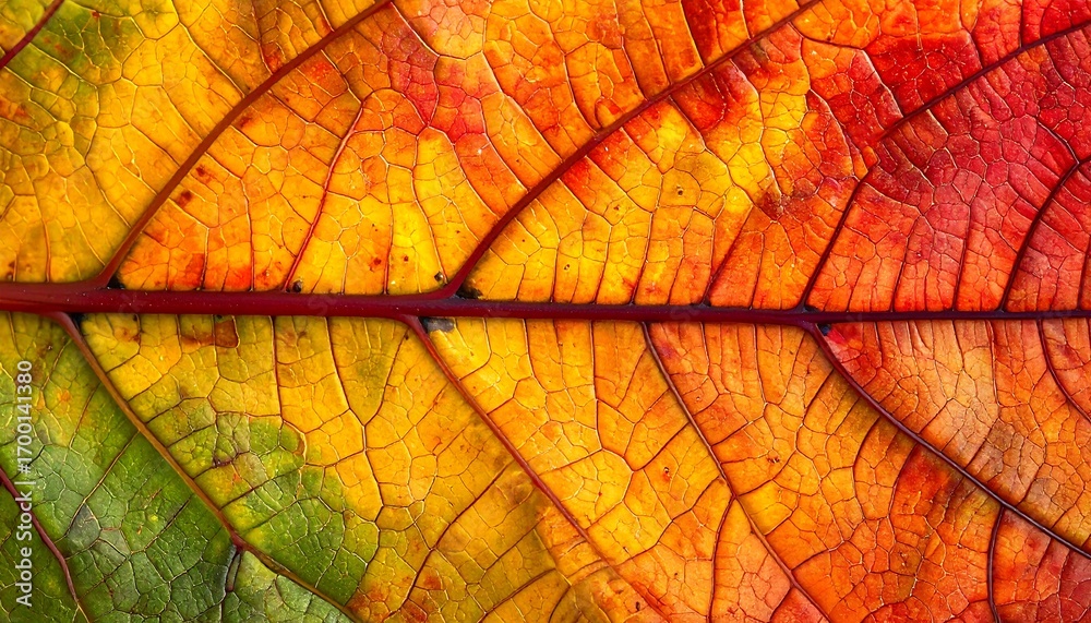 Obraz premium Close-up of a vibrant autumn leaf, showcasing a spectrum of fall colors, textured detail