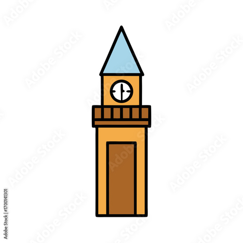 Stylized clock tower with blue conical roof