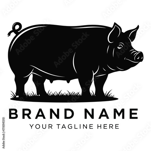 Silhouette of a black pig standing on grass with brand name placeholder vector