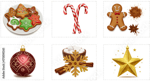 Christmas gingerbread cookies and candy canes isolated on white background with festive holiday elements