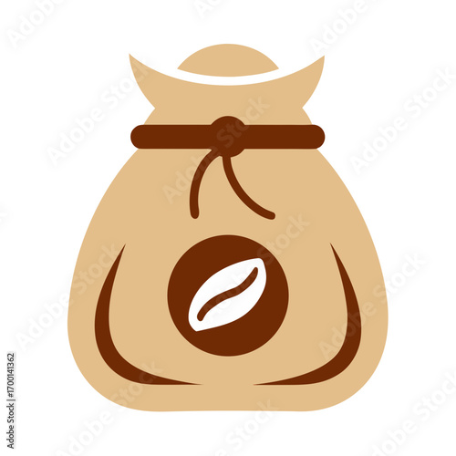 Simple icon of a coffee bean bag with a coffee bean emblem