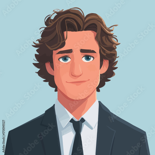 A young man with curly brown hair and blue eyes is dressed in a black suit and tie.