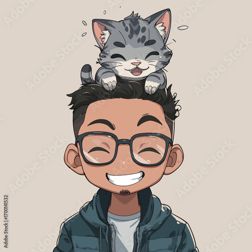 A cheerful boy is smiling widely while a playful cat perches on his head, creating a lighthearted and fun atmosphere. The colorful illustration captures joy and friendship.
