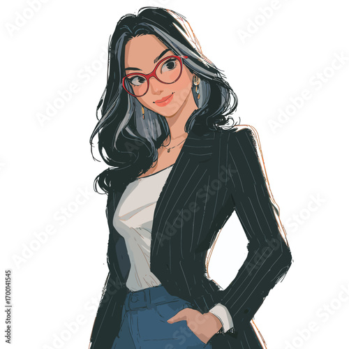 A confident woman with long dark hair and glasses stands in a stylish outfit. She has a slight smile, exuding professionalism and charm in a minimalist setting.