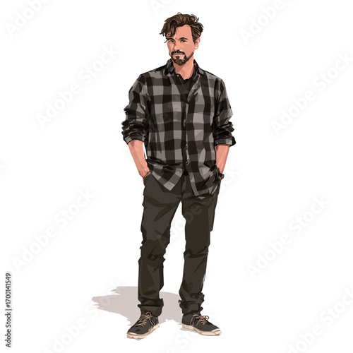 A man wearing a flannel shirt and black pants stands casually with his hands in his pockets. He has a confident posture and relaxed demeanor.