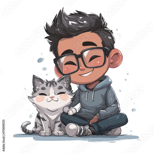 A joyful boy is sitting on the floor with a happy cat. Both appear playful and content, sharing a special moment in a bright indoor space.