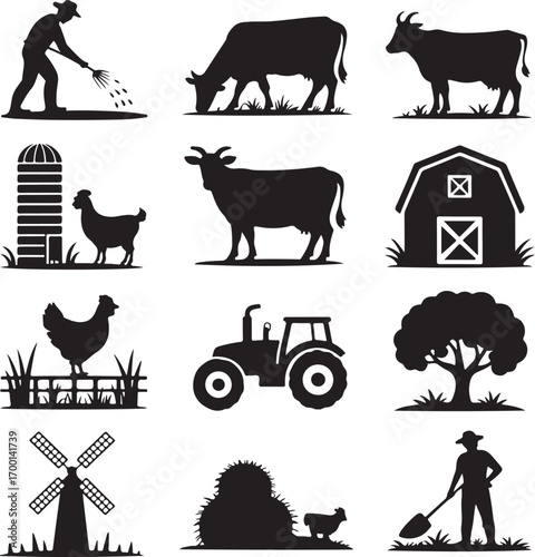 Farm Silhouettes With Farmer Cow Barn Tractor And Windmill Keywords: farm, farmer, agriculture