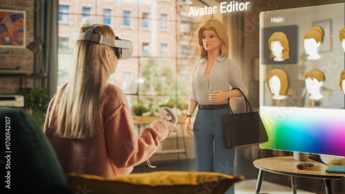 Caucasian Woman Enjoying Time at Home, Sitting on a Couch, Playing a Virtual Reality Game. Female Choosing a Character, Augmented Reality User Interface Showing Different Avatar Options