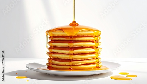 Golden Stack Pancakes Drenched in Syrup