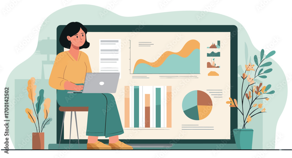 Fototapeta premium A woman sits at a desk with a laptop, focused on analyzing data. Behind her is a large screen displaying colorful charts and graphs depicting various analysis results.